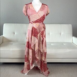 Blue Rain Rose Patchwork Wrap High-Low Maxi Dress